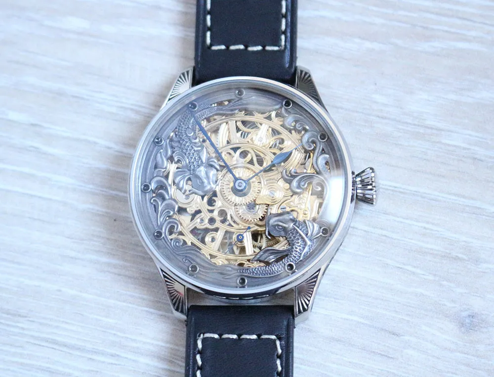 1920's Custom Wristwatch Using Rolex Pocket Watch Movement Fully Engraved "Couple Carp"