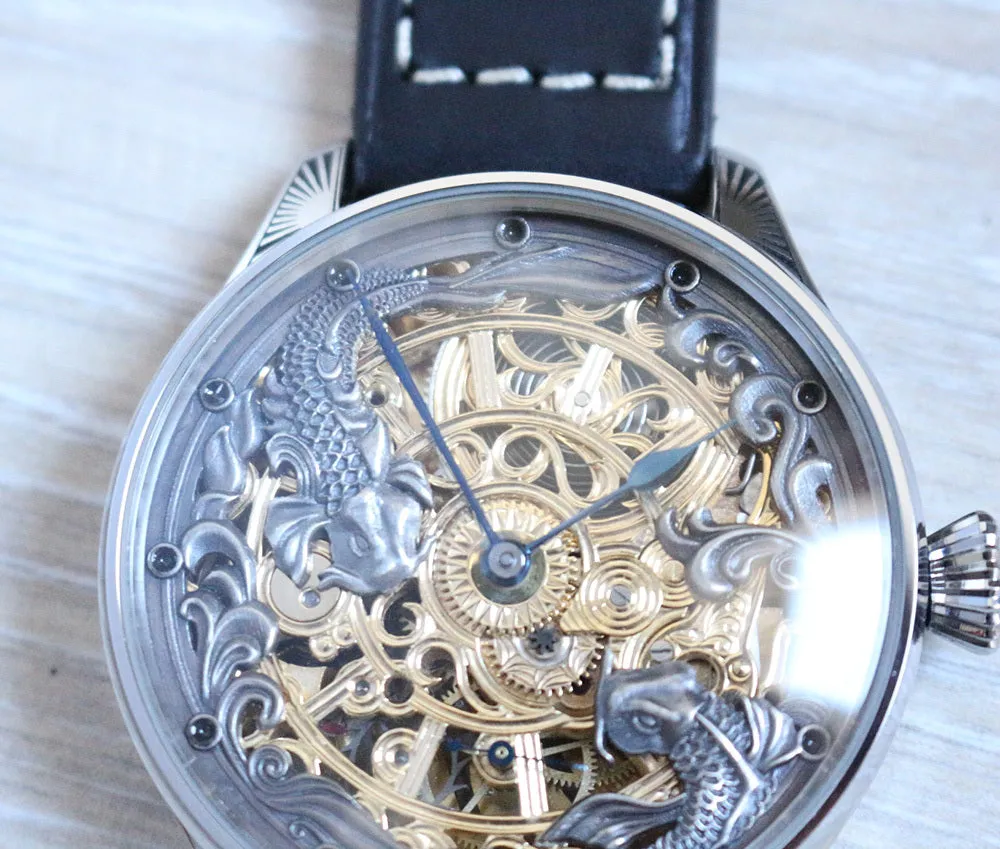 1920's Custom Wristwatch Using Rolex Pocket Watch Movement Fully Engraved "Couple Carp"