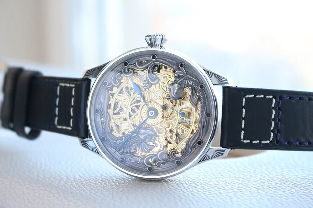 1920's Custom Wristwatch Using Rolex Pocket Watch Movement Fully Engraved "Couple Carp"
