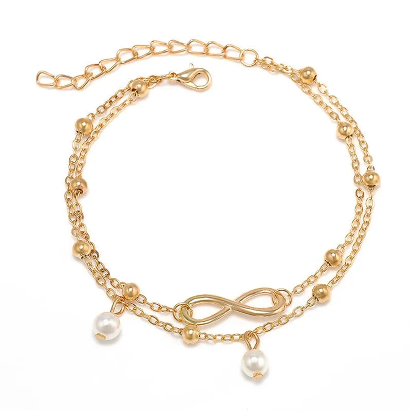 2pcs Silver Gold Double Chain Charm Tassel Anklet