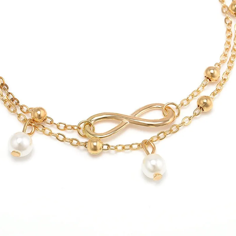 2pcs Silver Gold Double Chain Charm Tassel Anklet