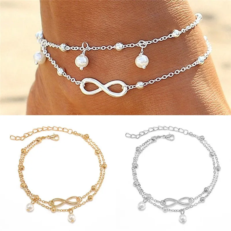 2pcs Silver Gold Double Chain Charm Tassel Anklet