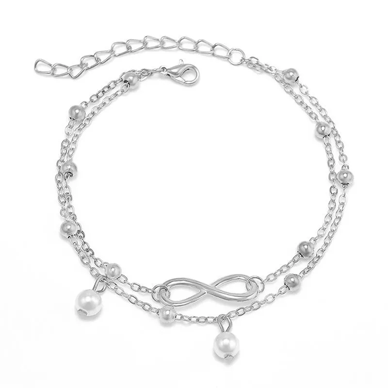 2pcs Silver Gold Double Chain Charm Tassel Anklet