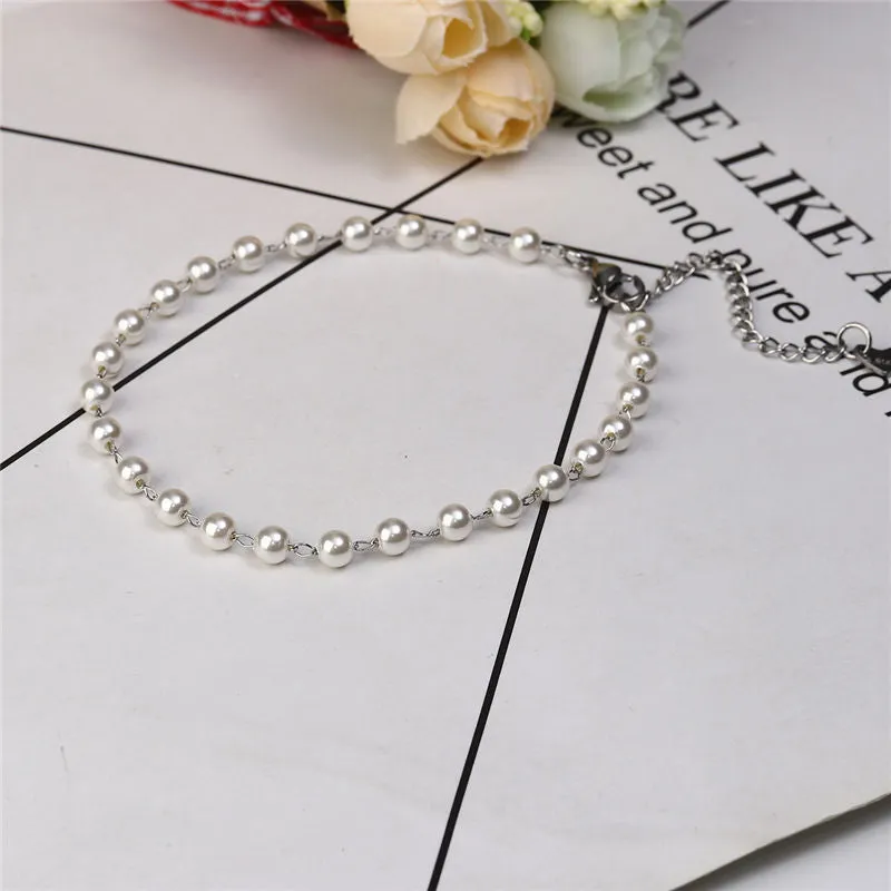 304 Stainless Steel  White Acrylic Imitation Pearl Anklets
