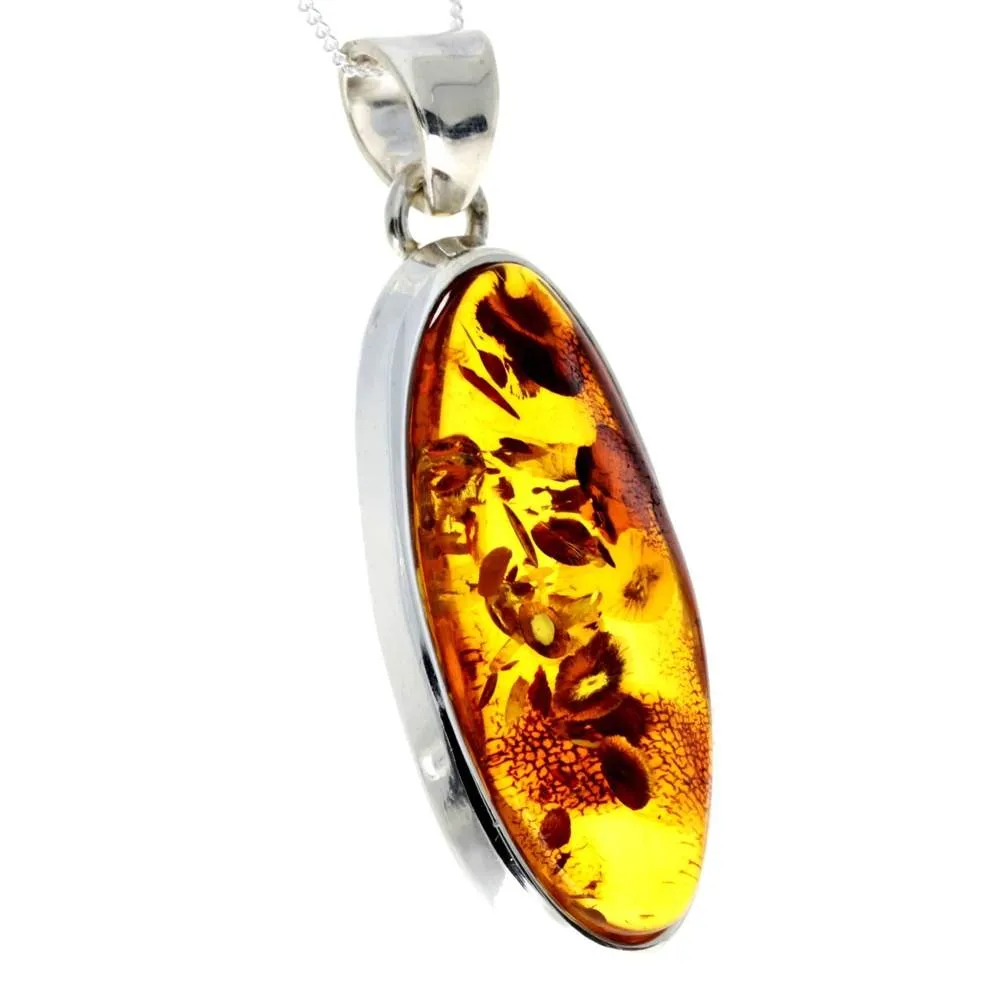 925 Sterling Silver & Genuine Cognac Baltic Amber Exlusive Unique Pendant - PD2256