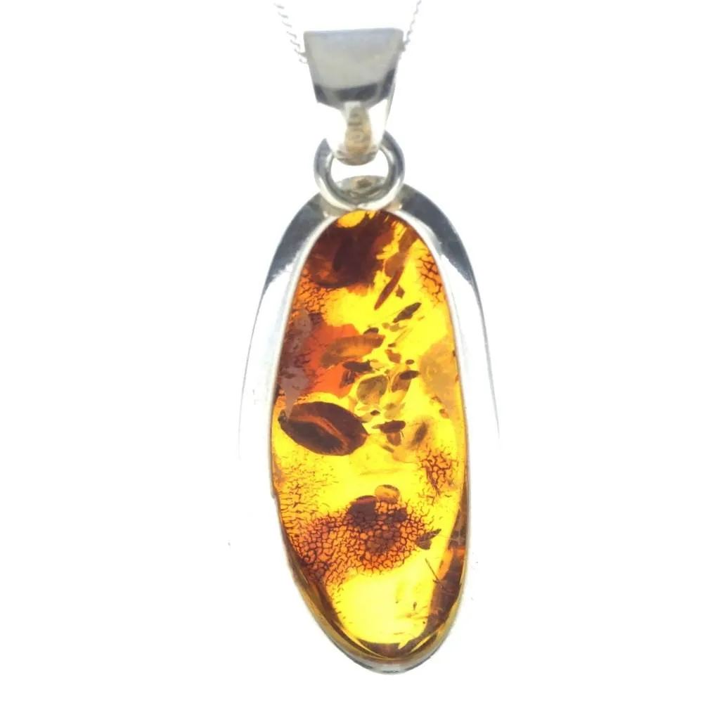 925 Sterling Silver & Genuine Cognac Baltic Amber Exlusive Unique Pendant - PD2256