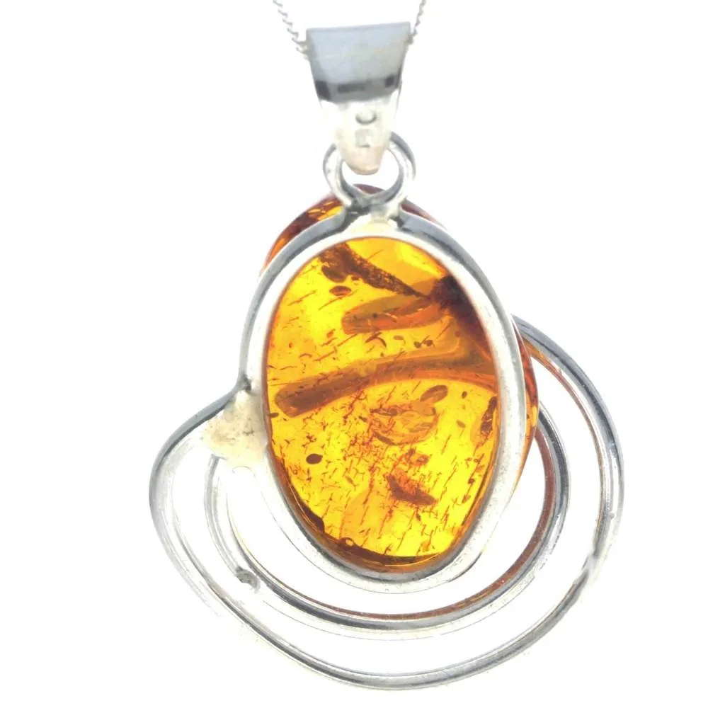 925 Sterling Silver & Genuine Cognac Baltic Amber Exlusive Unique Pendant - PD2321