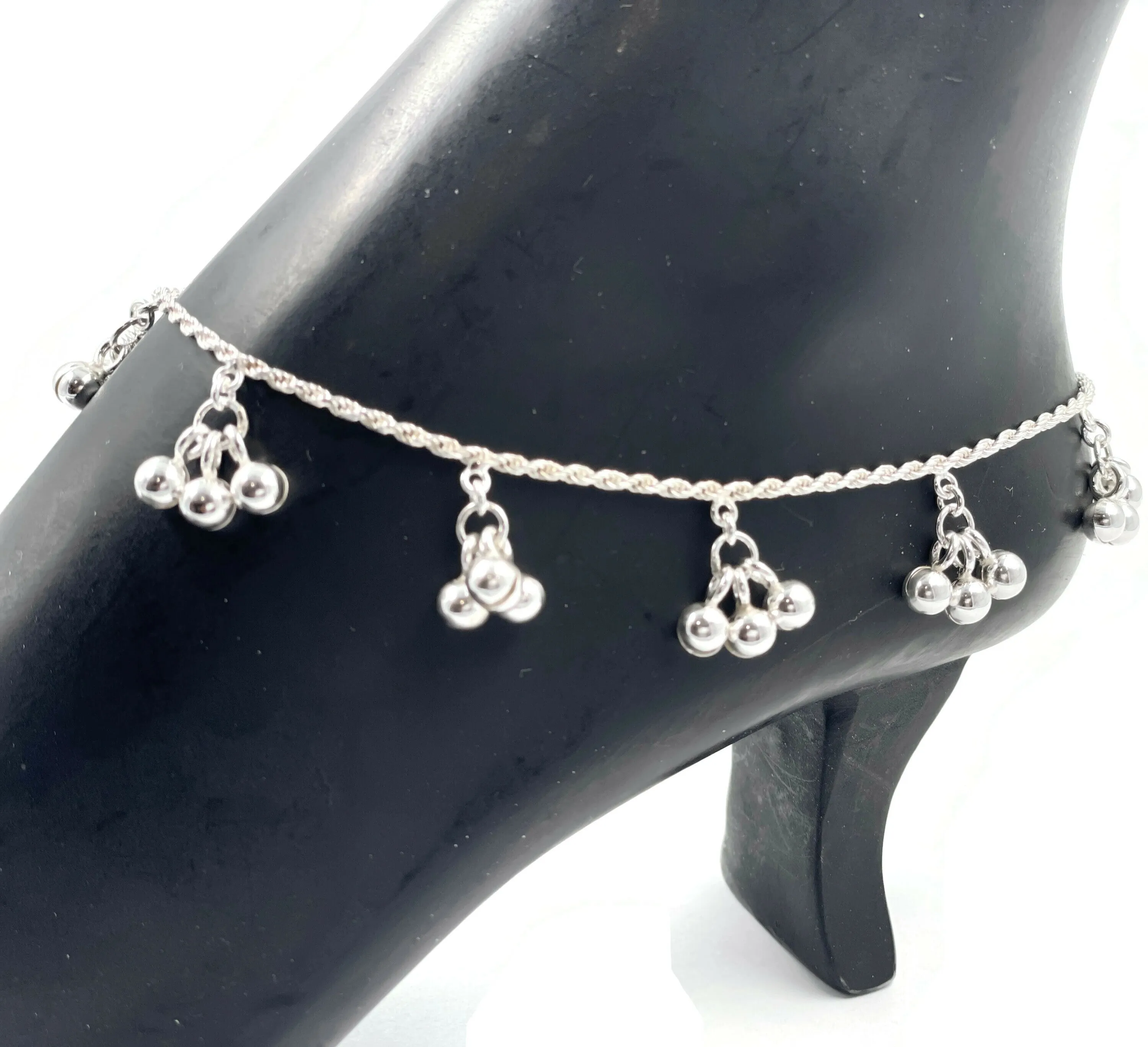 925 Sterling Silver Designer Rope Bell Anklet - #95