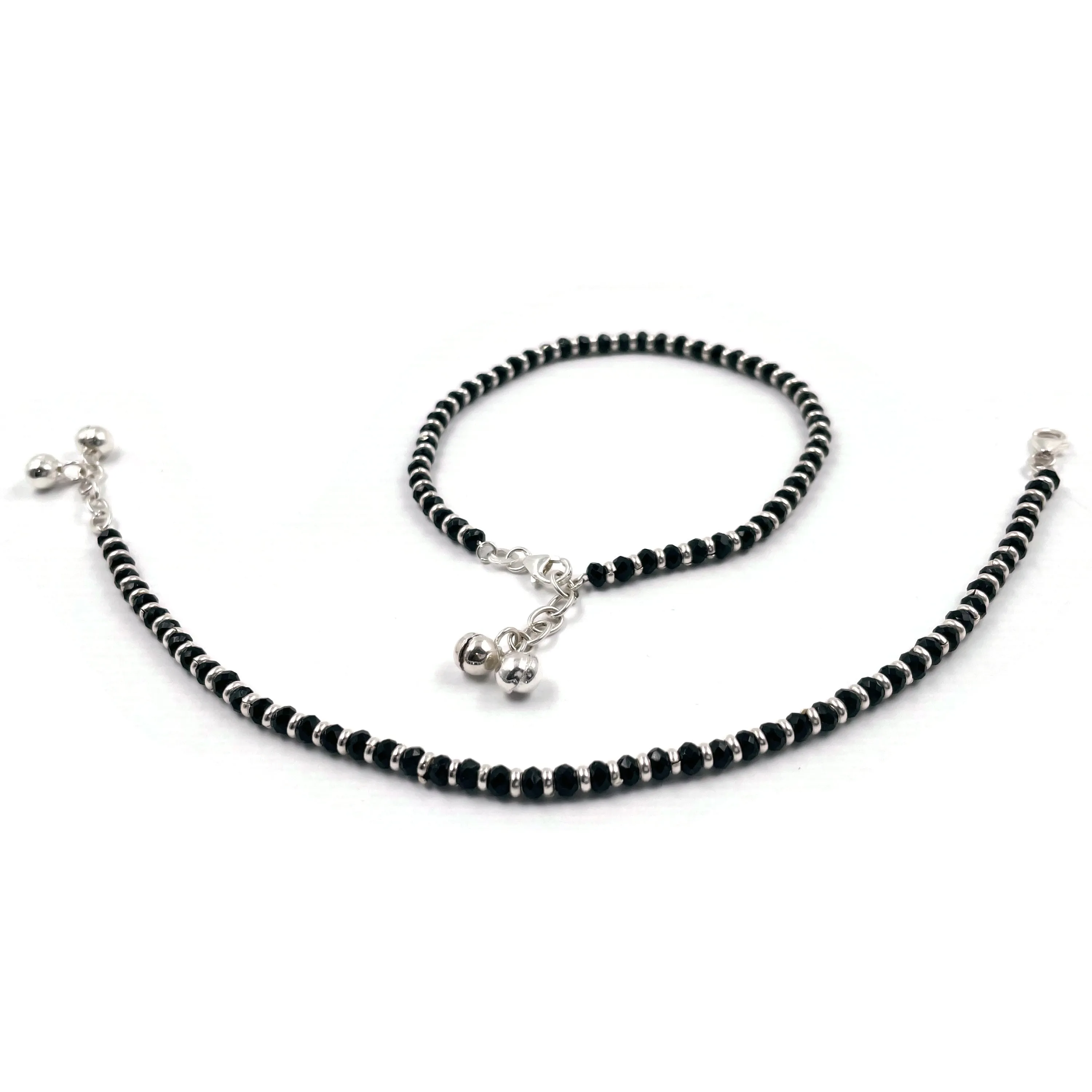 925 Sterling Silver Kids Black Beads Najariya Anklet - Style#01