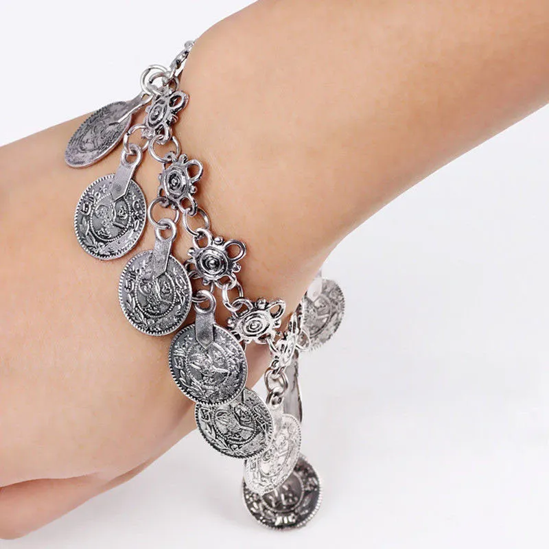 Antique Silver Color tassel  Boho Gypsy Coin Ankle Bracelet