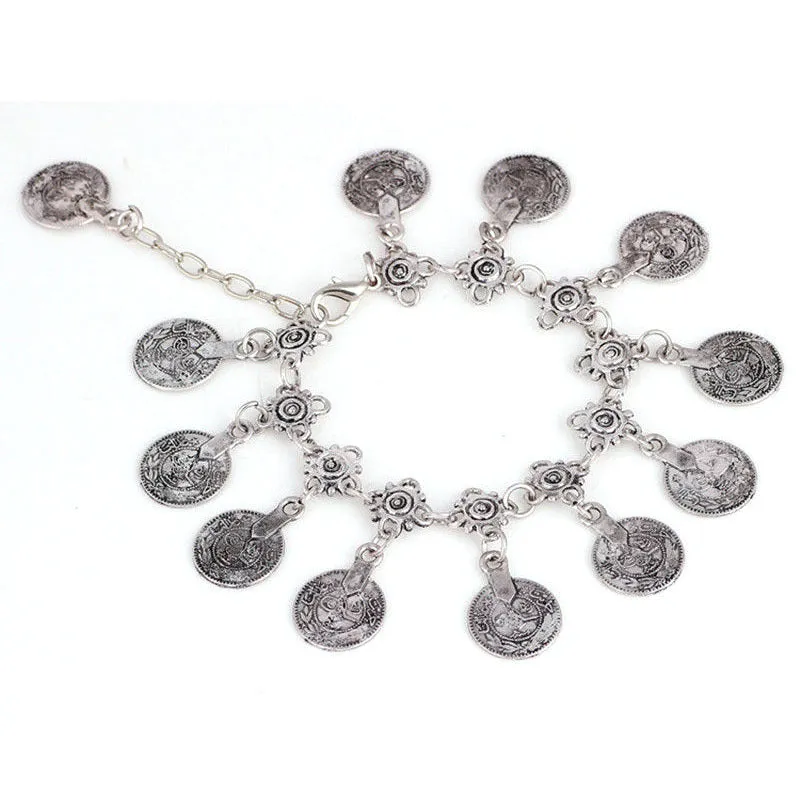 Antique Silver Color tassel  Boho Gypsy Coin Ankle Bracelet