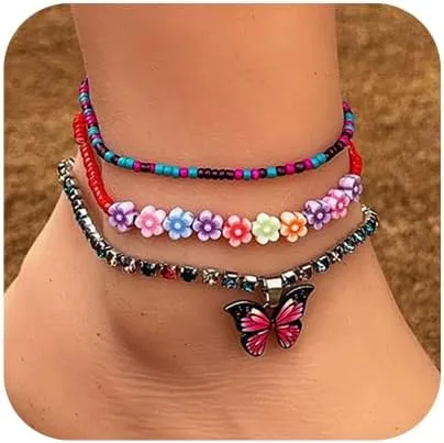 Bead Boho Anklet Bracelets Rhinestone Anklets Chain Butterfly Flower Layered Anklet Bracelet African Handmade Anklets Chains Beach Summer Jewelry Beaded Anklet for Women and Girl