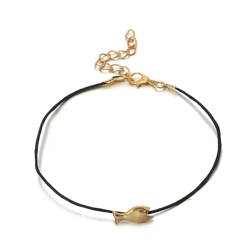 Black Beaded Fish Crystal Rope Boho Anklets for Women