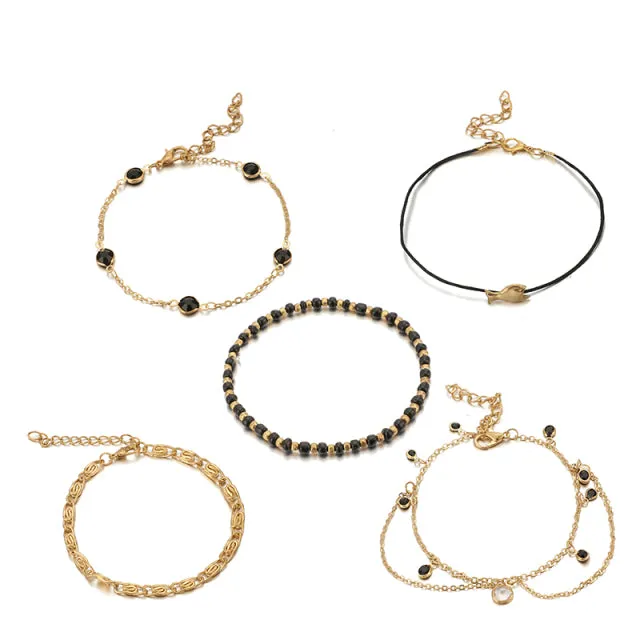 Black Beaded Fish Crystal Rope Boho Anklets for Women
