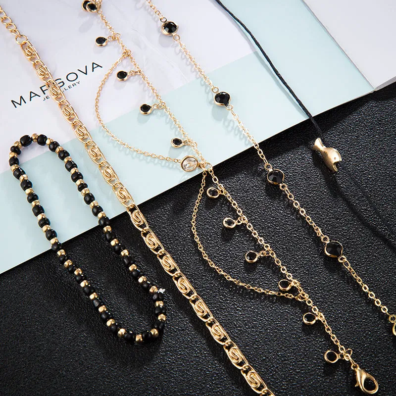 Black Beaded Fish Crystal Rope Boho Anklets for Women