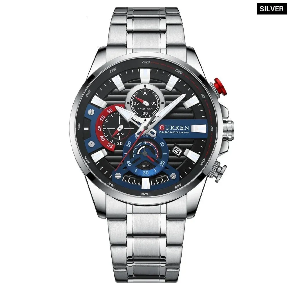 Blue Multi Function Quartz Watches Sport Stainless Steel Band Wristwatches for Men with Luminous Hands