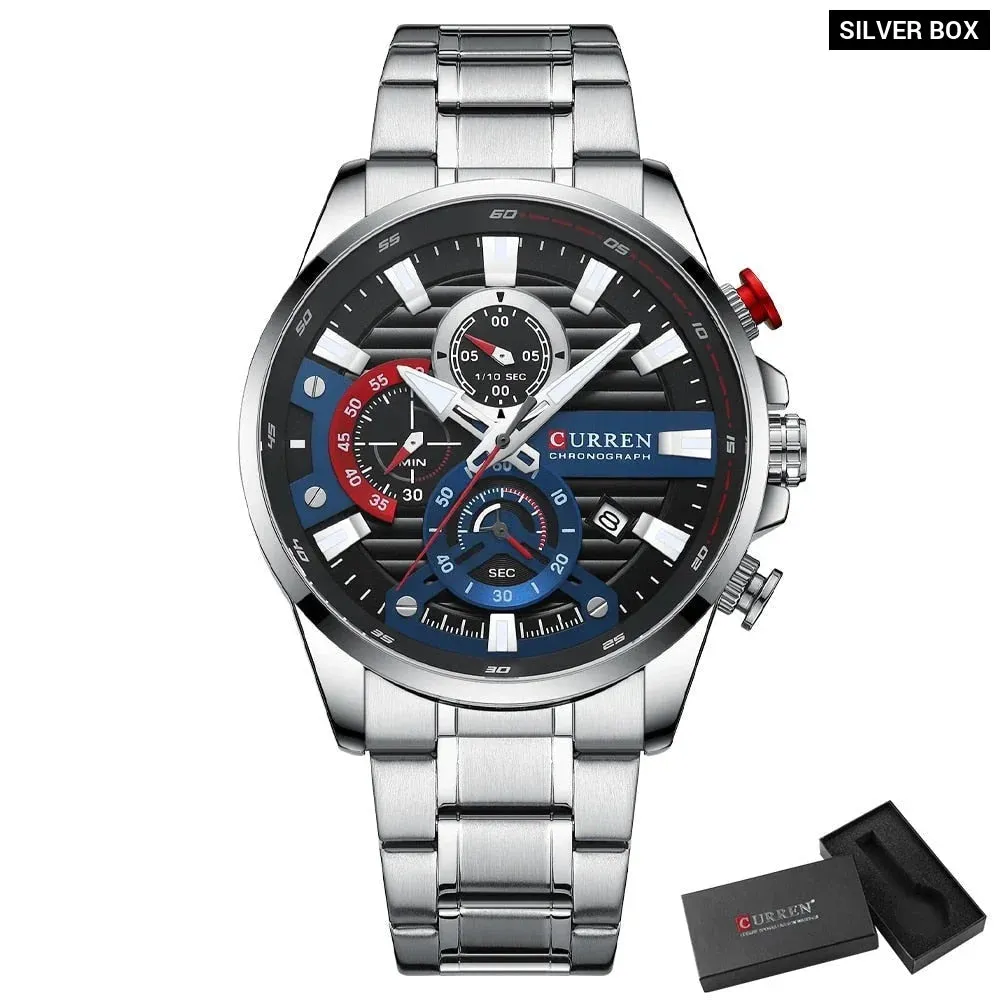 Blue Multi Function Quartz Watches Sport Stainless Steel Band Wristwatches for Men with Luminous Hands
