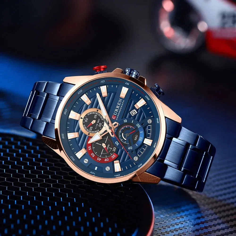 Blue Multi Function Quartz Watches Sport Stainless Steel Band Wristwatches for Men with Luminous Hands