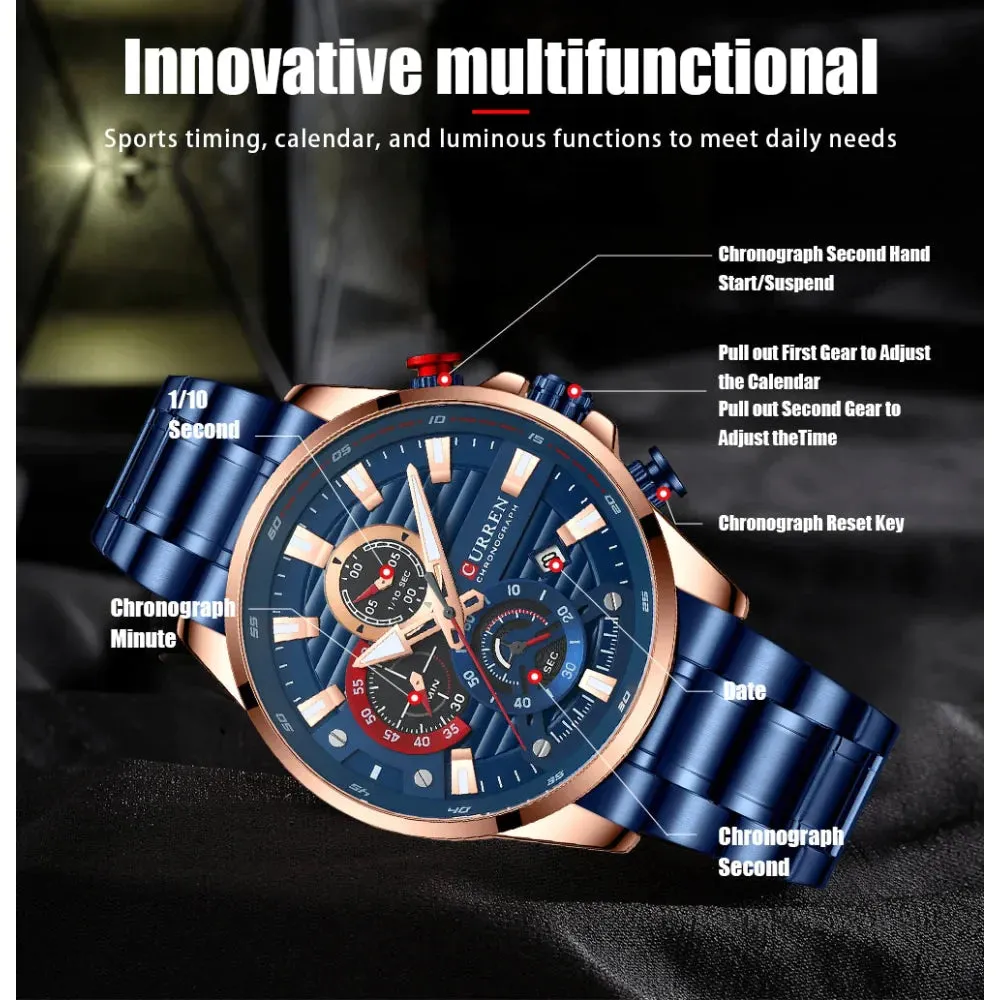 Blue Multi Function Quartz Watches Sport Stainless Steel Band Wristwatches for Men with Luminous Hands