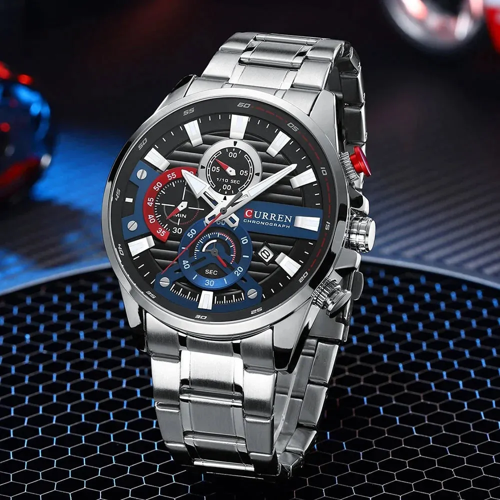 Blue Multi Function Quartz Watches Sport Stainless Steel Band Wristwatches for Men with Luminous Hands