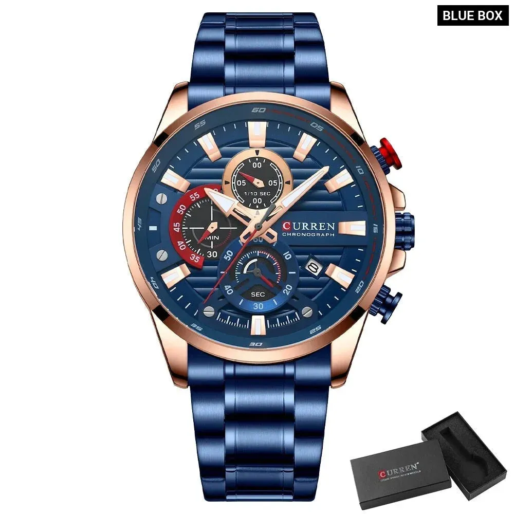 Blue Multi Function Quartz Watches Sport Stainless Steel Band Wristwatches for Men with Luminous Hands