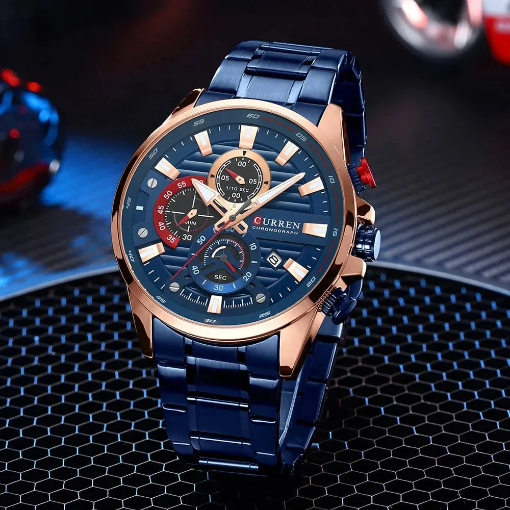 Blue Multi Function Quartz Watches Sport Stainless Steel Band Wristwatches for Men with Luminous Hands