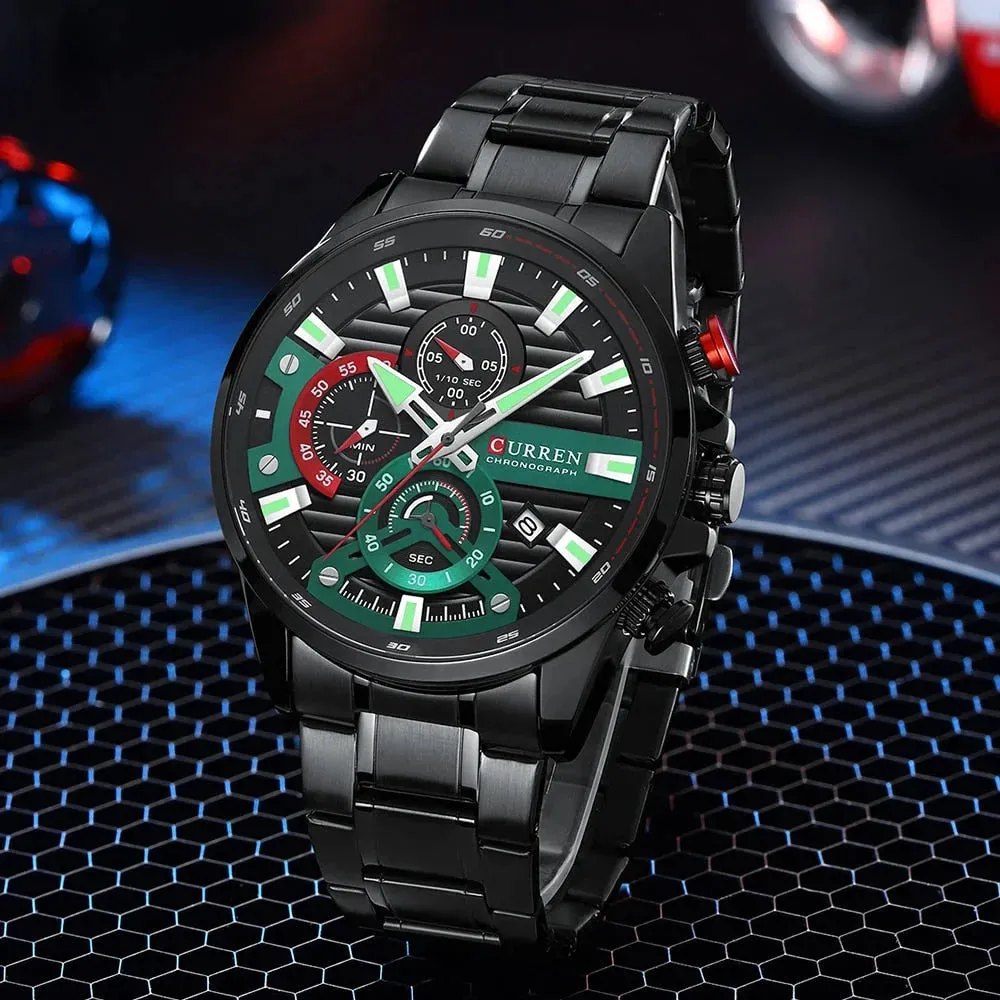 Blue Multi Function Quartz Watches Sport Stainless Steel Band Wristwatches for Men with Luminous Hands