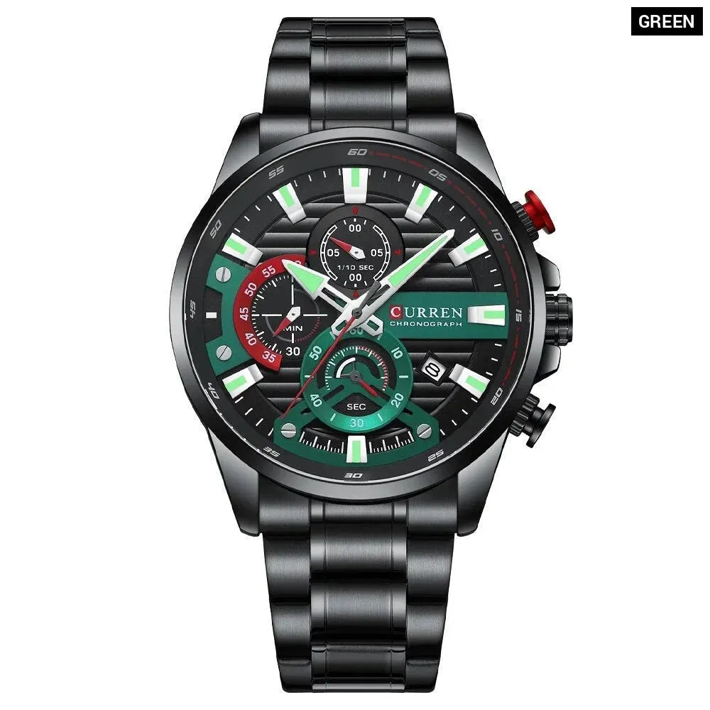 Blue Multi Function Quartz Watches Sport Stainless Steel Band Wristwatches for Men with Luminous Hands