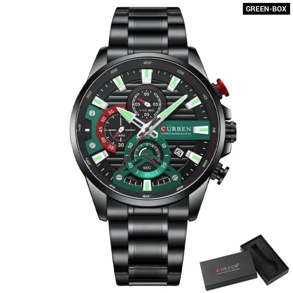 Blue Multi Function Quartz Watches Sport Stainless Steel Band Wristwatches for Men with Luminous Hands