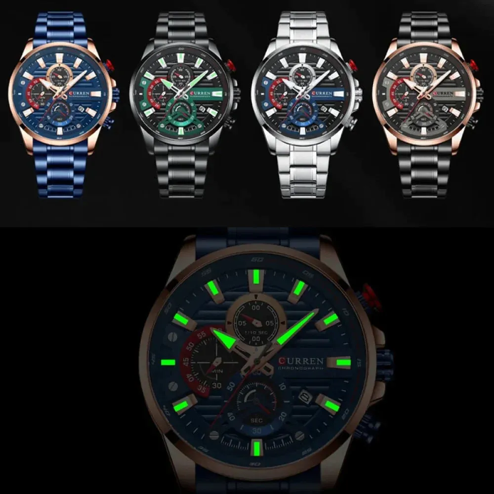 Blue Multi Function Quartz Watches Sport Stainless Steel Band Wristwatches for Men with Luminous Hands