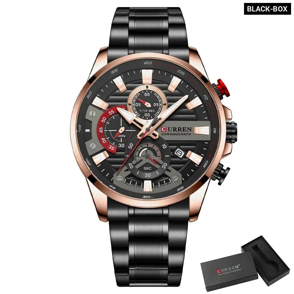 Blue Multi Function Quartz Watches Sport Stainless Steel Band Wristwatches for Men with Luminous Hands