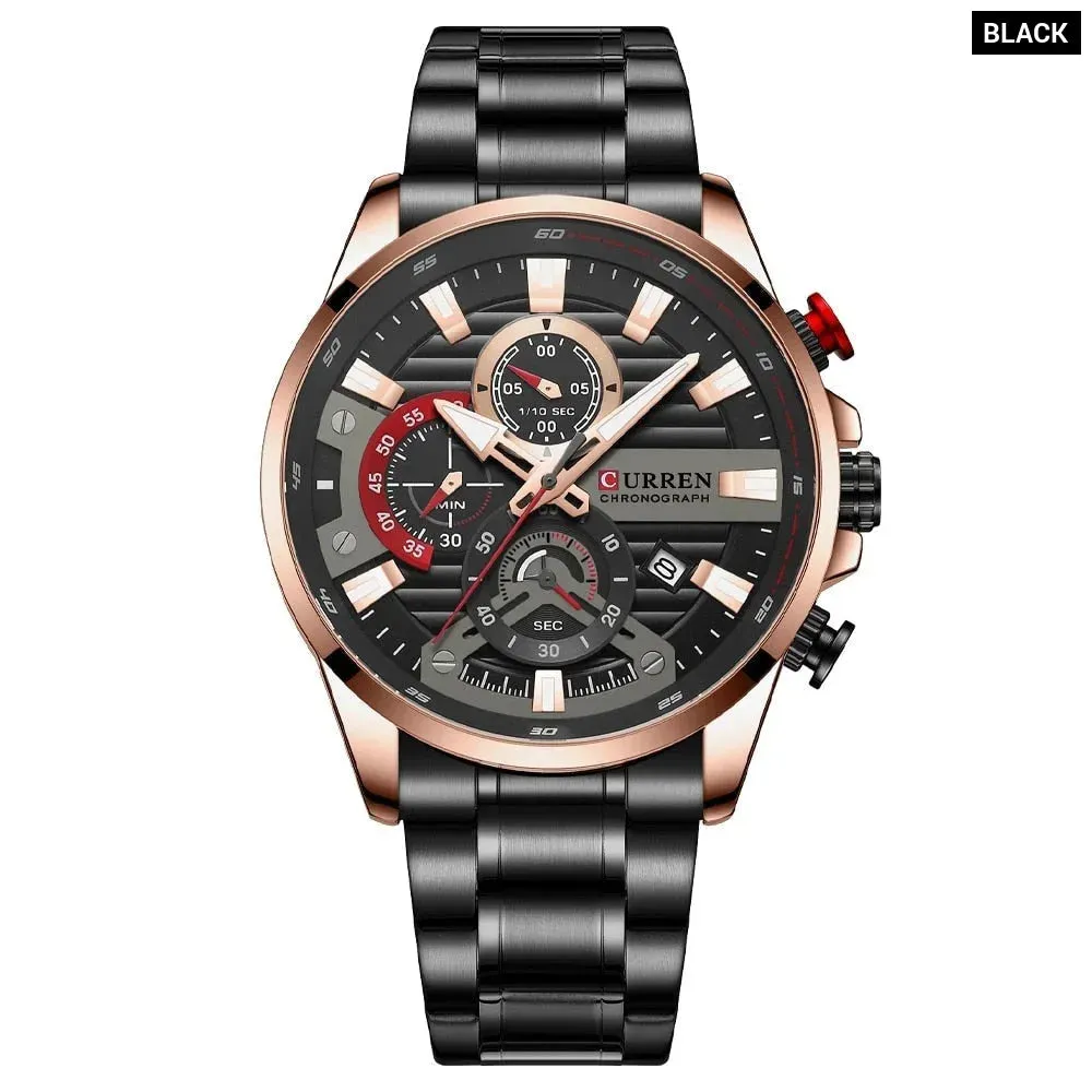 Blue Multi Function Quartz Watches Sport Stainless Steel Band Wristwatches for Men with Luminous Hands