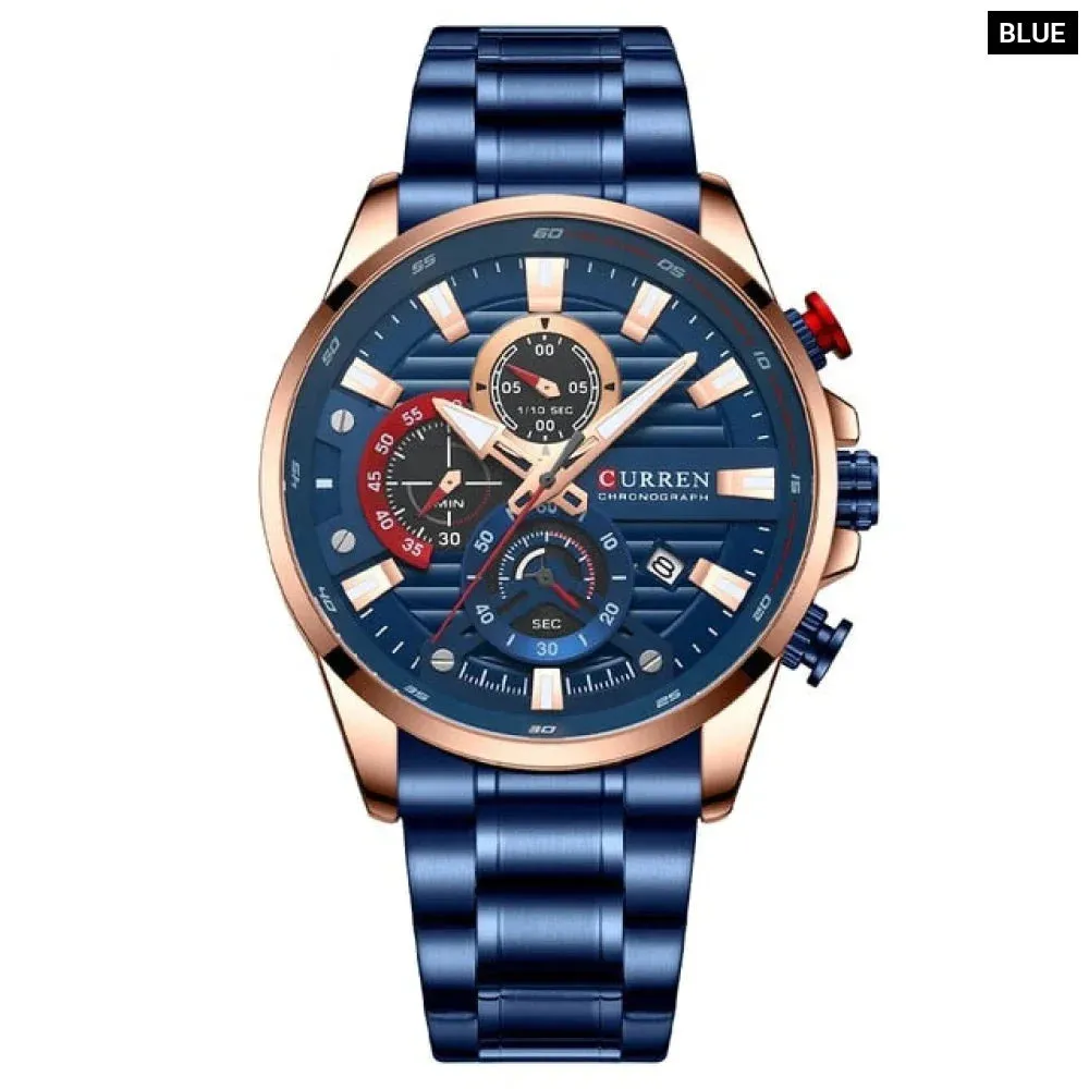 Blue Multi Function Quartz Watches Sport Stainless Steel Band Wristwatches for Men with Luminous Hands