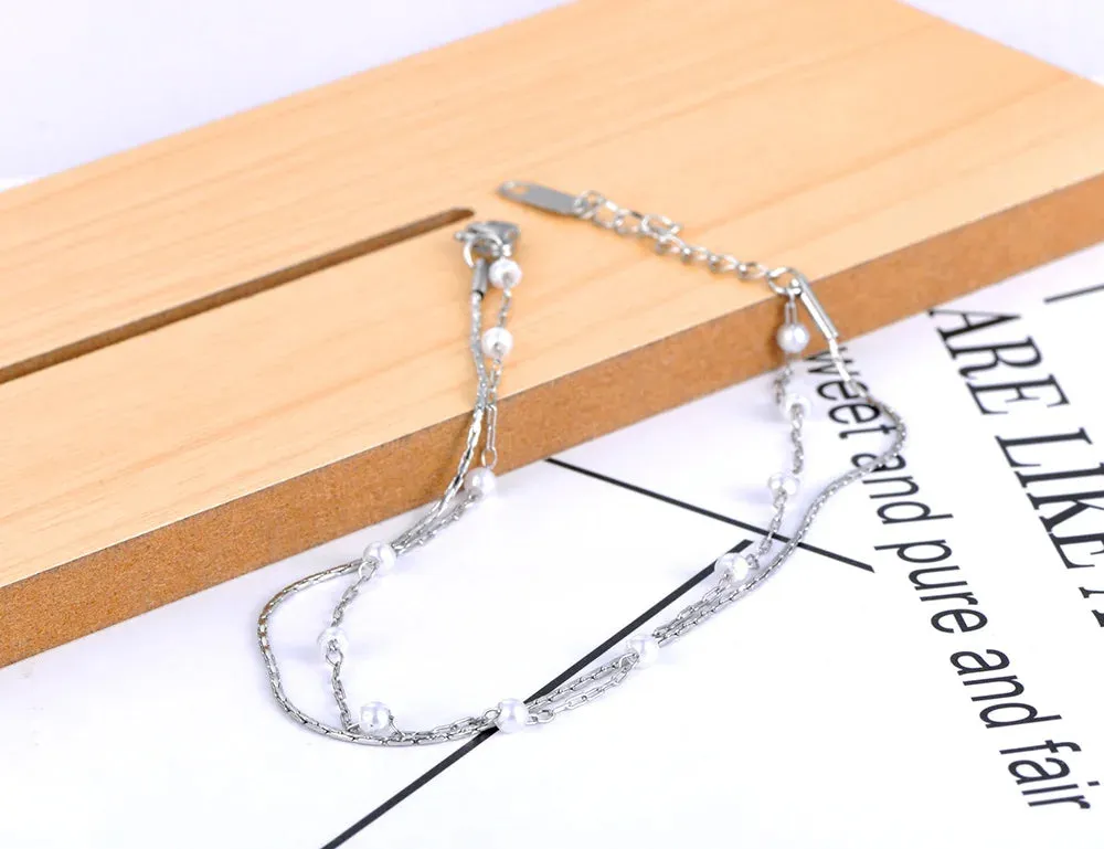 Boho Double Layer White Pearl Chain Link Anklet For Women