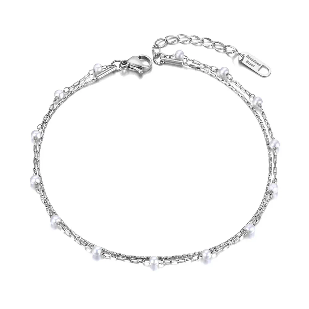 Boho Double Layer White Pearl Chain Link Anklet For Women