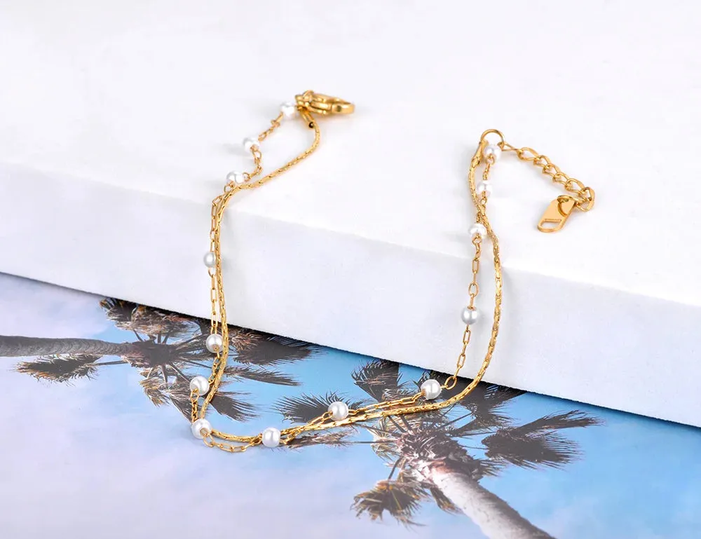 Boho Double Layer White Pearl Chain Link Anklet For Women
