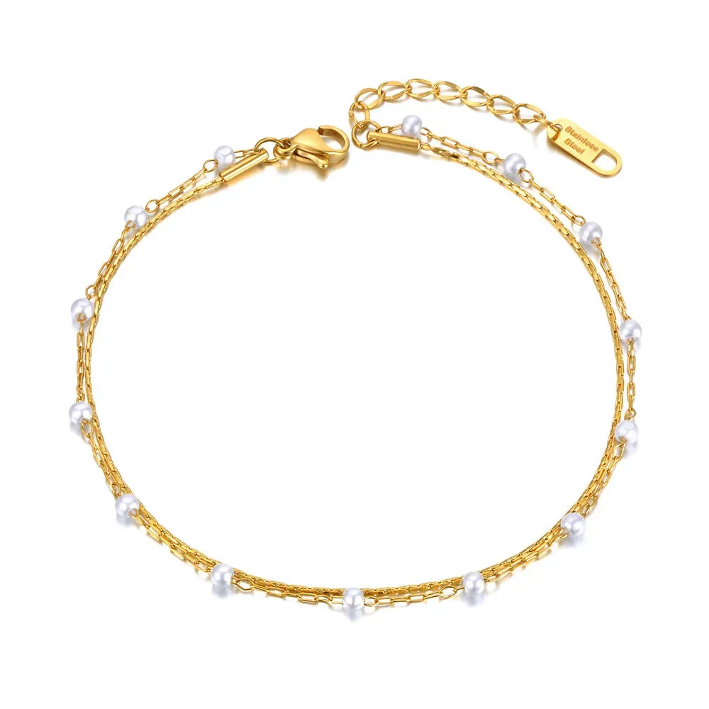 Boho Double Layer White Pearl Chain Link Anklet For Women