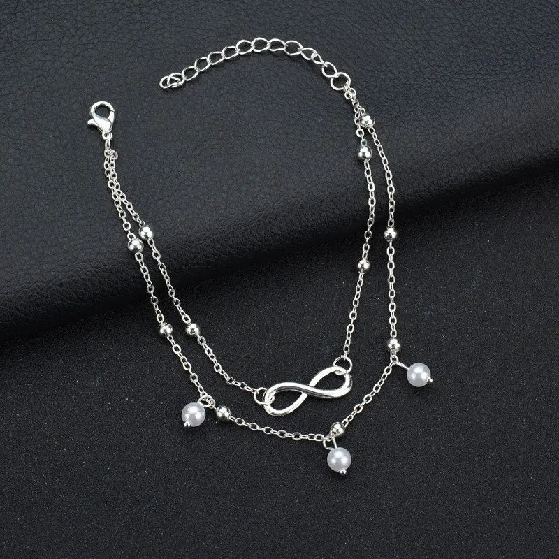 Boho Double Layers Pearl Pendant Anklets For Women