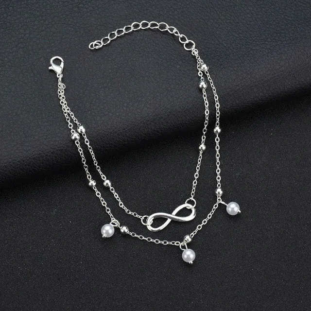Boho Double Layers Pearl Pendant Anklets For Women