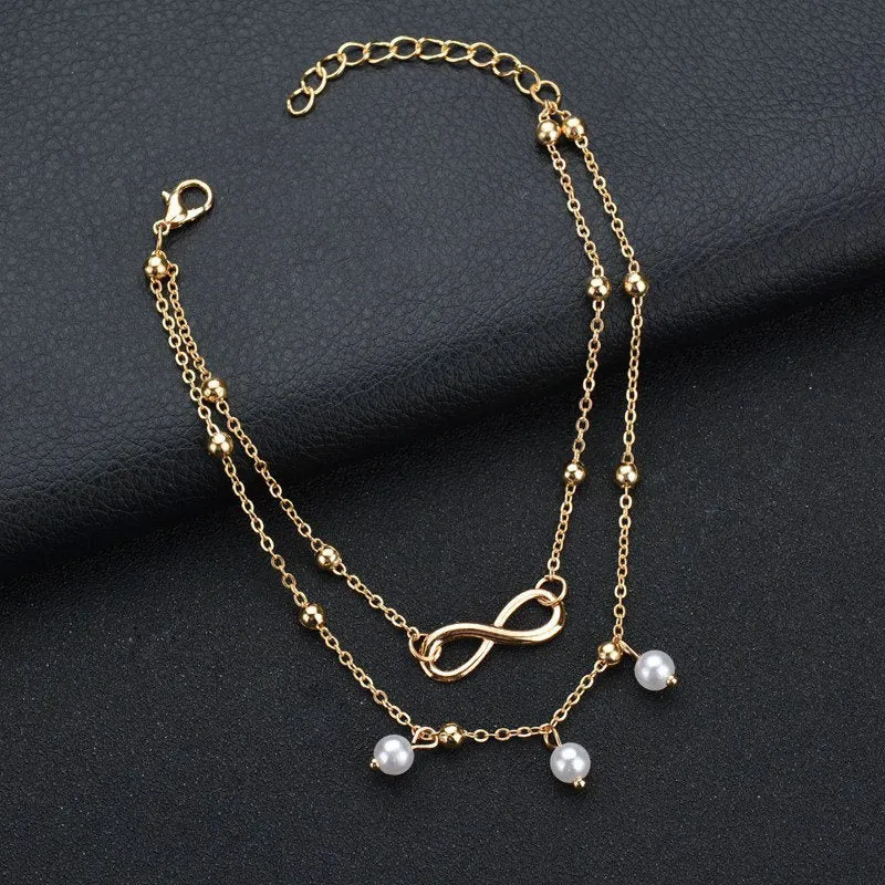 Boho Double Layers Pearl Pendant Anklets For Women