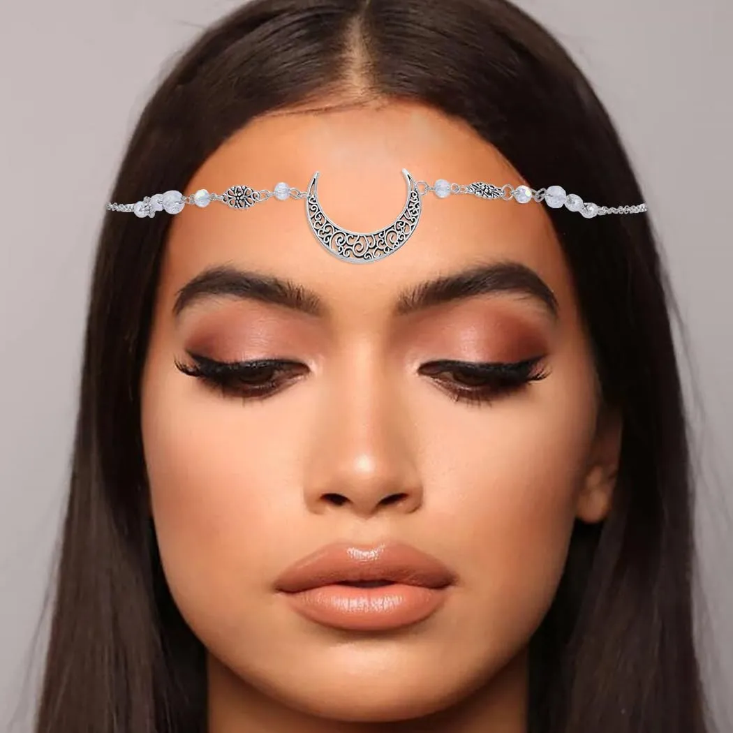 Bounzhi Vintage Crescent Moon Head Chain Crystal Hair Chain Boho Headpiece Halloween Hair Accessories for Women and Girls (J)