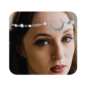 Bounzhi Vintage Crescent Moon Head Chain Crystal Hair Chain Boho Headpiece Halloween Hair Accessories for Women and Girls (J)