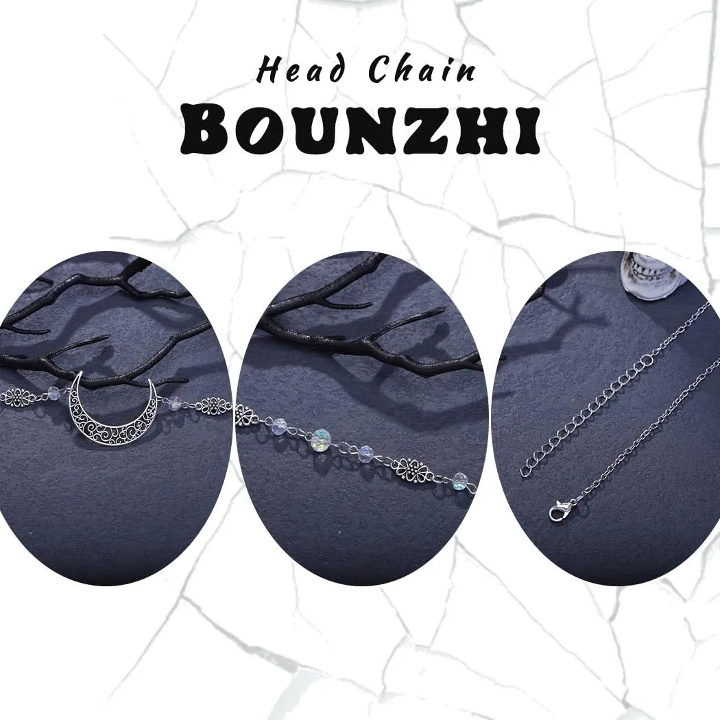Bounzhi Vintage Crescent Moon Head Chain Crystal Hair Chain Boho Headpiece Halloween Hair Accessories for Women and Girls (J)
