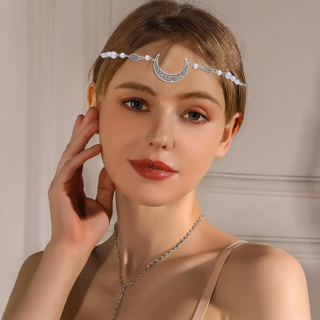 Bounzhi Vintage Crescent Moon Head Chain Crystal Hair Chain Boho Headpiece Halloween Hair Accessories for Women and Girls (J)