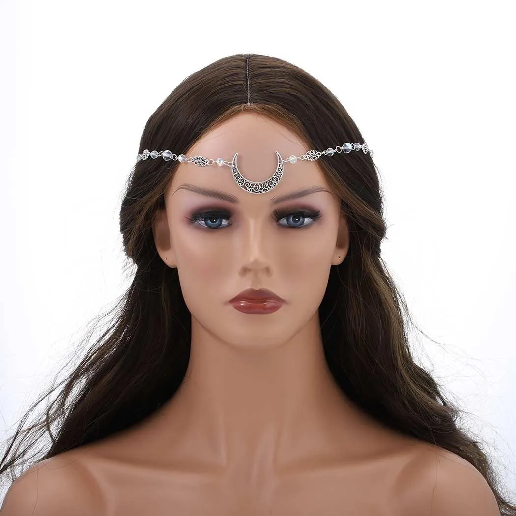 Bounzhi Vintage Crescent Moon Head Chain Crystal Hair Chain Boho Headpiece Halloween Hair Accessories for Women and Girls (J)