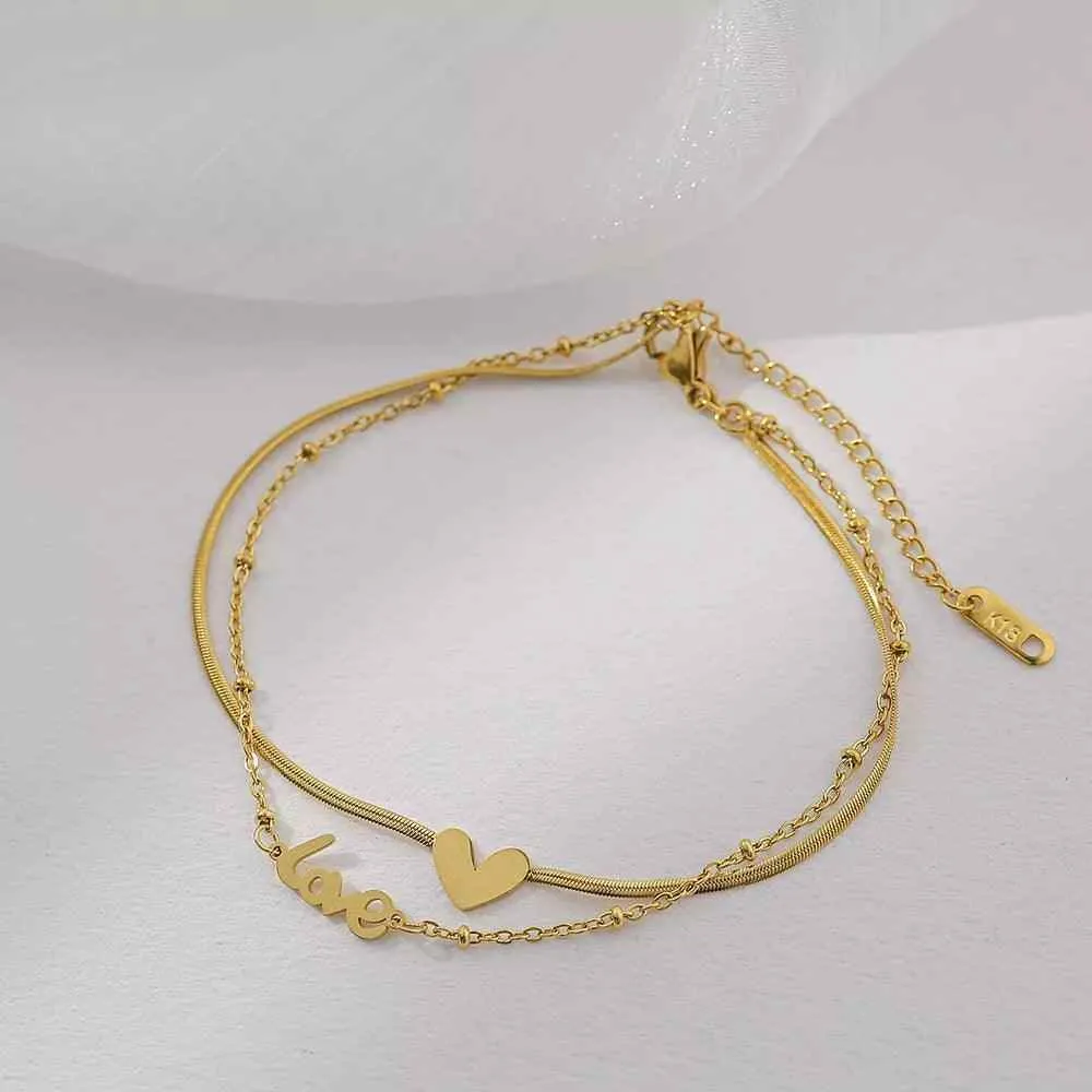 Classic Letter Heart-Shaped Double-Layer Titanium Steel Anklets Charm Jewelry ACJWY39 Korean Design