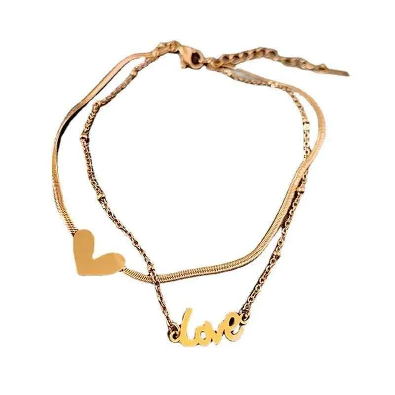 Classic Letter Heart-Shaped Double-Layer Titanium Steel Anklets Charm Jewelry ACJWY39 Korean Design