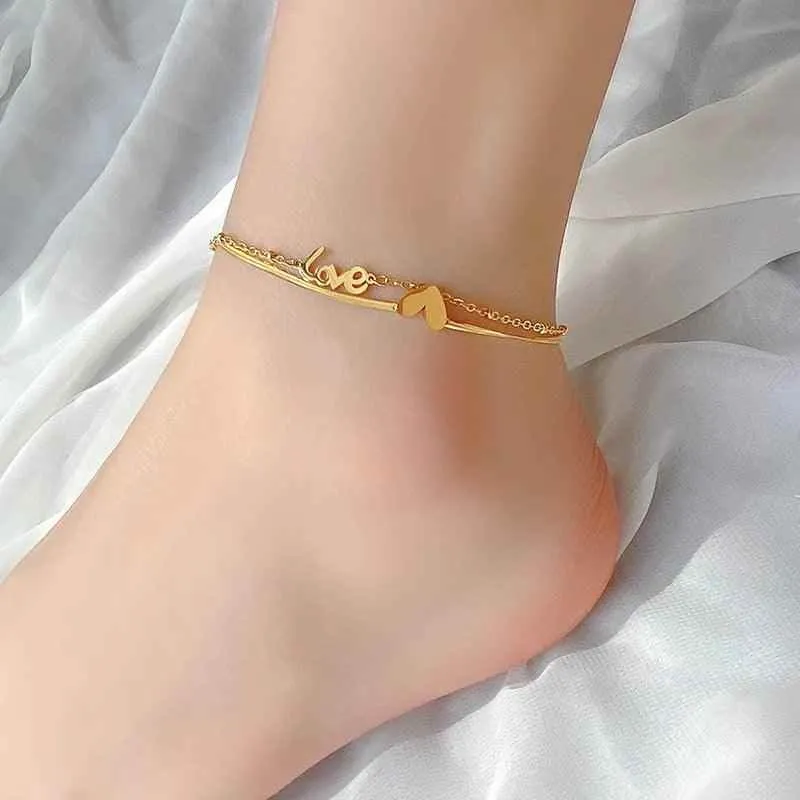 Classic Letter Heart-Shaped Double-Layer Titanium Steel Anklets Charm Jewelry ACJWY39 Korean Design