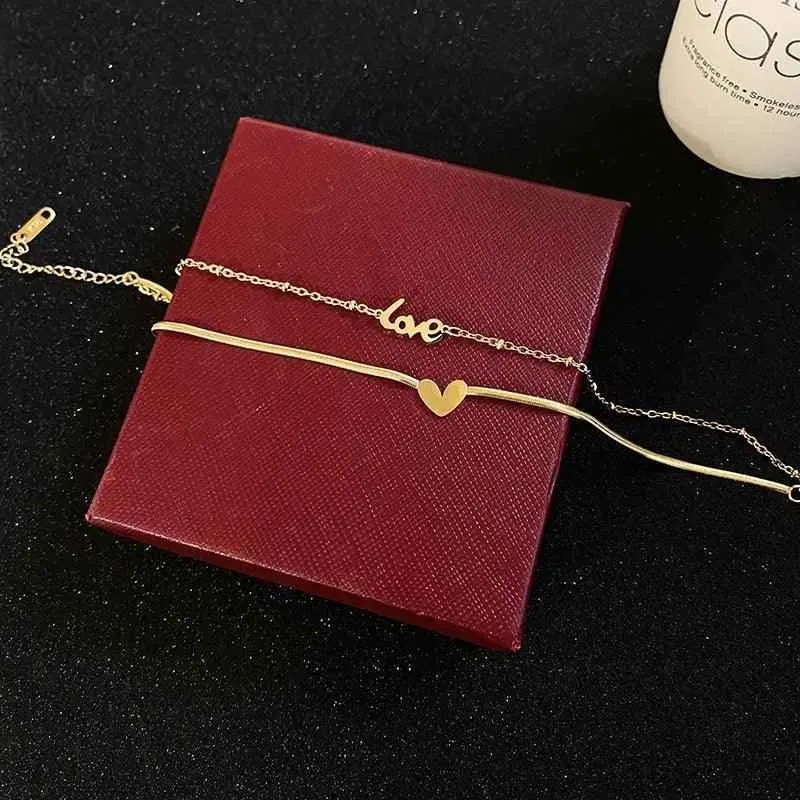 Classic Letter Heart-Shaped Double-Layer Titanium Steel Anklets Charm Jewelry ACJWY39 Korean Design