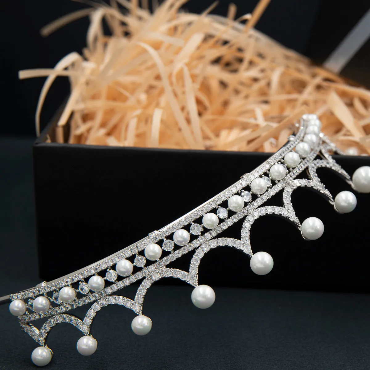 Cubic Zirconia Pearls Tiara for Wedding,Crystal Royal Tiaras Diadem CH10368